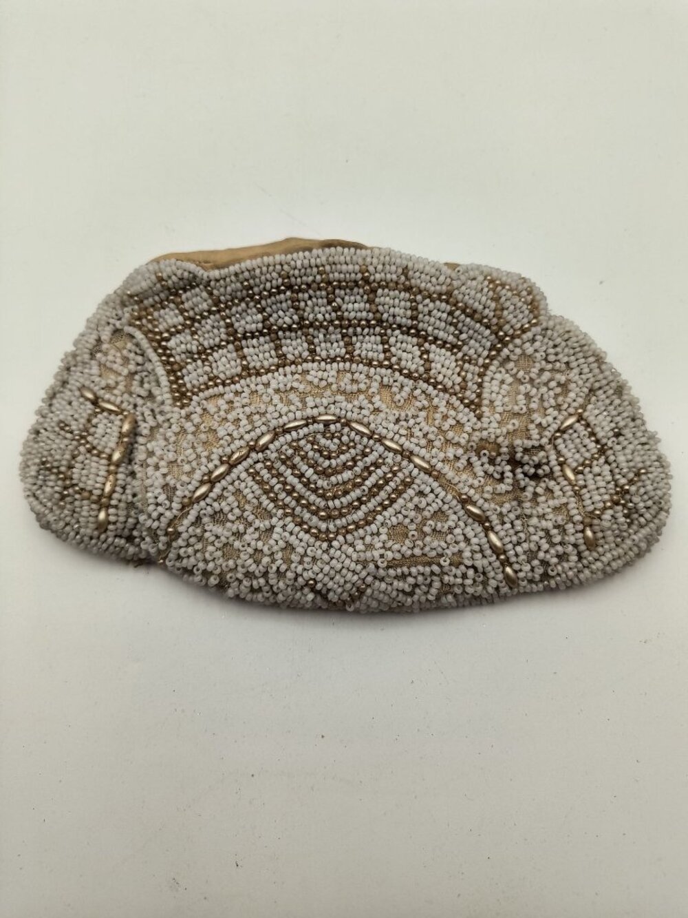 Vintage White Beaded Evening Clutch Purse With Mirror & Metal Zipper Closure